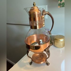 Vintage 1960s Princess House Copper And Heat Proof Glass Carafe With Stand